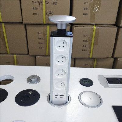 Aluminum Alloy Silver 4 AC Israel power outlet 2 usb  Kitchen Table Sockets Retractable Counter top Worktop tower  pop up socket